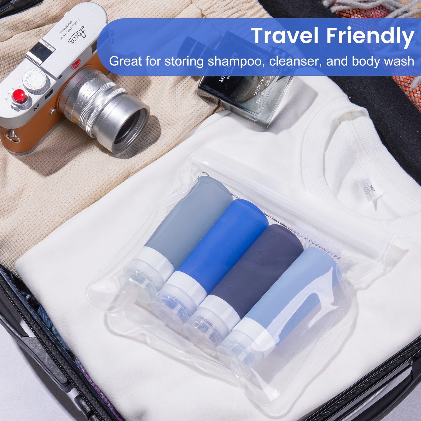 Mrsdry Condiment Squeeze Bottles for Sauces, 3-oz Mini Silicone Salad Dressing Container to Go with Snack Storage Bag, Leakproof Sauce Bottles for Lunch Box, 4 Pack, Blue