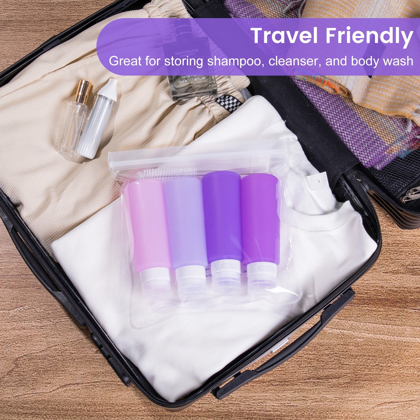 Mrsdry Condiment Squeeze Bottles for Sauces, 6-oz Small Silicone Salad Dressing Container to Go with Snack Storage Bag, Leakproof Sauce Bottles for Lunch Box, 4 Pack, Purple