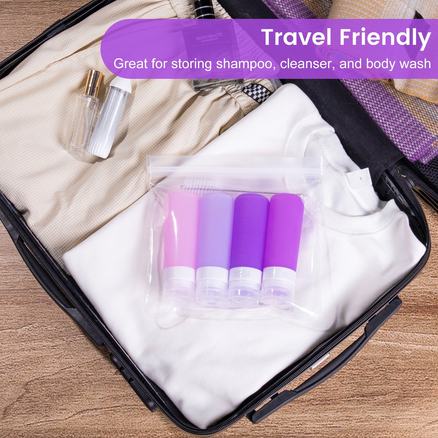 Mrsdry Condiment Squeeze Bottles for Sauces, 3-oz Mini Silicone Salad Dressing Container to Go with Snack Storage Bag, Leakproof Sauce Bottles for Lunch Box, 4 Pack, Purple