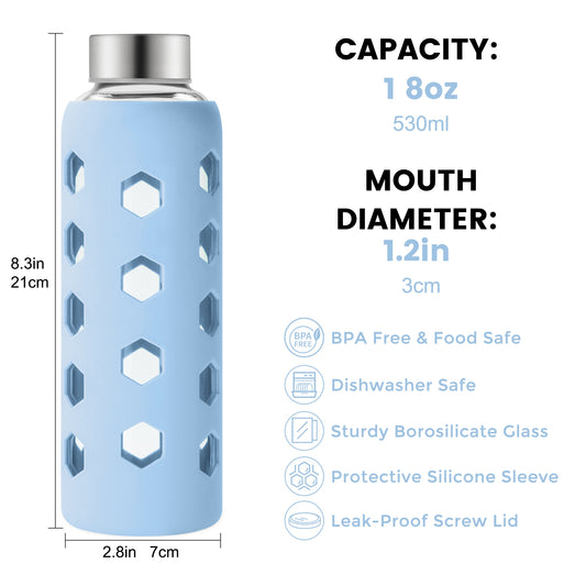Glass Juice Bottles with Lids and Silicone Sleeves 18 oz, 4-Pack Reusable Clear Glass Water Bottles with Stainless Steel Airtight Cap for Juicing, Refrigerator, BPA Free Leak-Proof Drinking Jar
