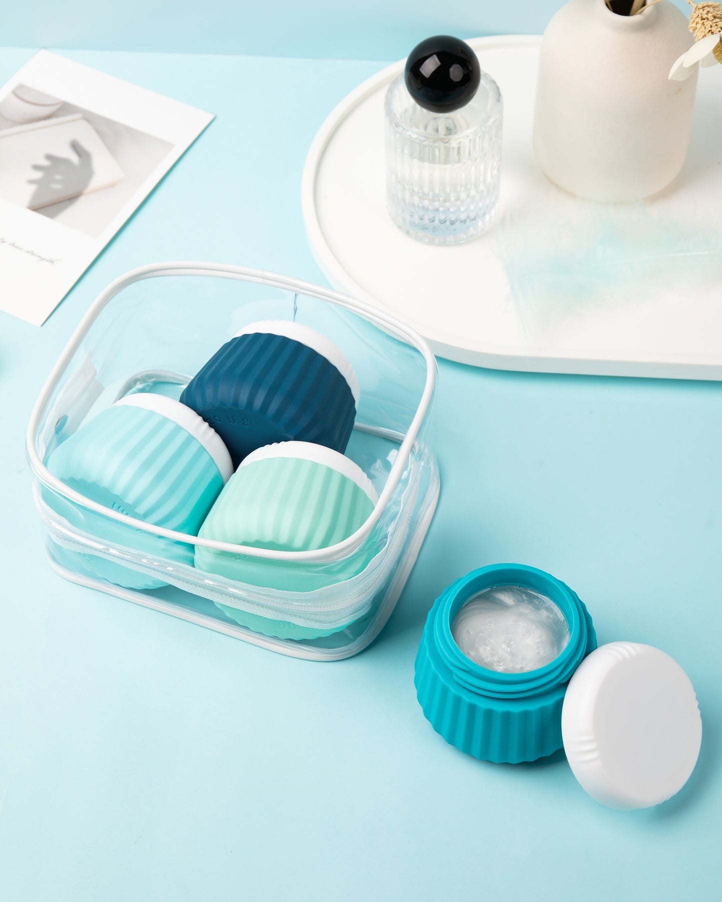 Mrsdry Travel Containers for Toiletries 4 Pack, TSA Approved Travel Size Toiletries, Travel Size Containers, With Clear Bag Leak Proof Silicone Jars, Travel Essentials Creams Jars Carrying Small Item