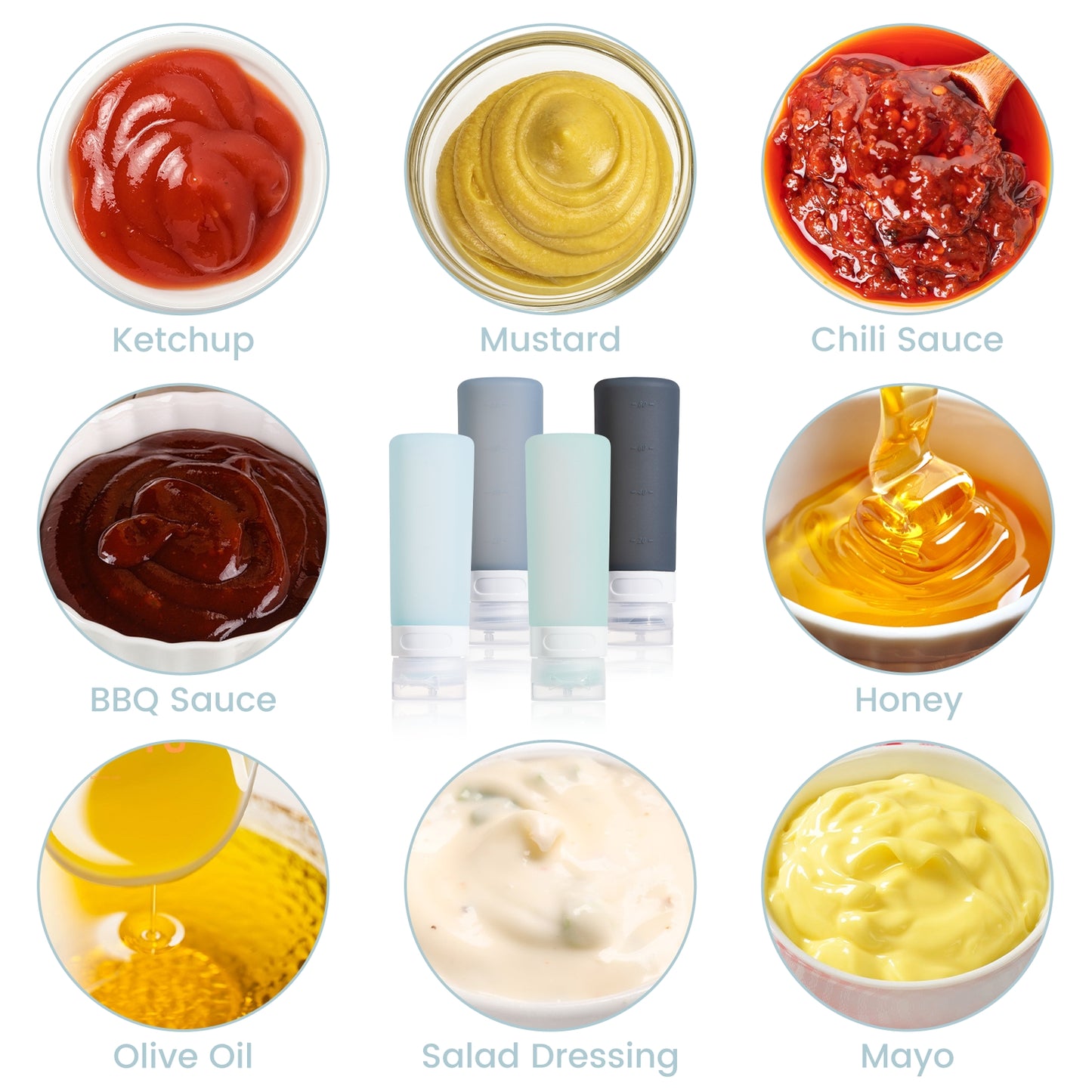 Mrsdry Condiment Squeeze Bottles for Sauces, 3-oz Mini Silicone Salad Dressing Container to Go with Reusable Sandwich Bag, Leakproof Sauce Bottle for Bento Lunch Box, 4 Pack, Gray