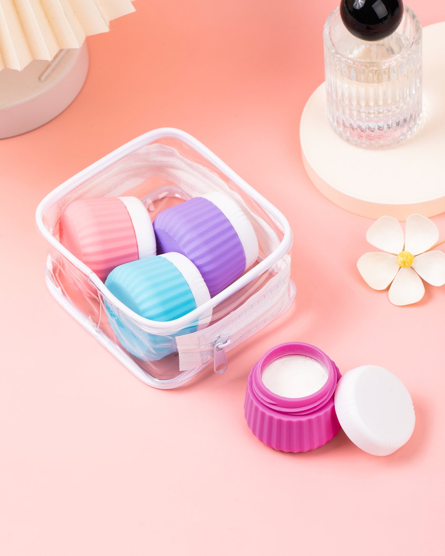 Mrsdry Travel Containers for Toiletries 4 Pack, TSA Approved Travel Size Toiletries, Portable Size Containers, With Clear Bag Leak Proof Silicone Jars, Essentials Creams Jars Carrying Small Items