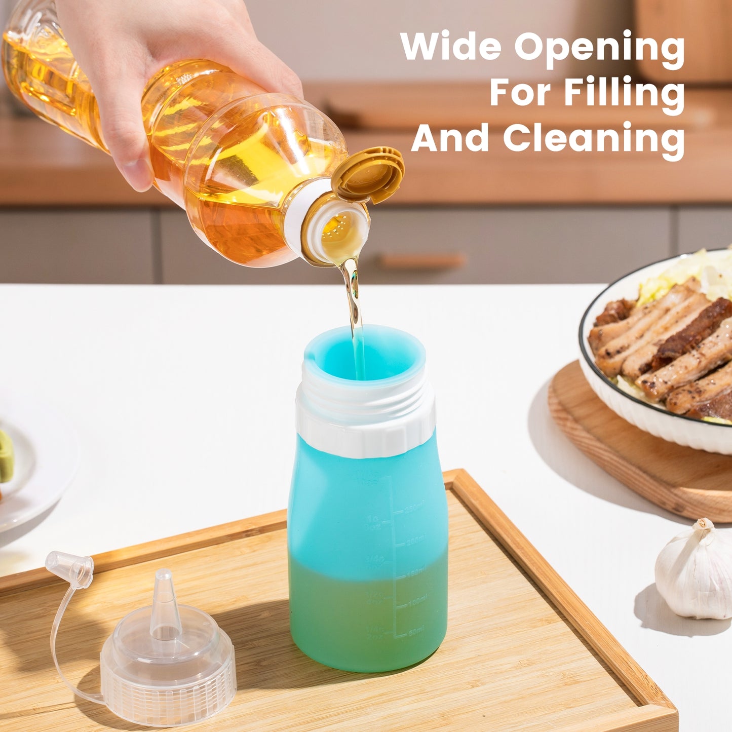 Mrsdry Condiment Squeeze Bottles, 12 oz Silicone Squeeze Bottles For Sauces, Leak Proof Condiment Container with Extra Interchangeable lid, Easy Squeeze for Oil, Honey & Dressings, BPA FREE (4 Pack)