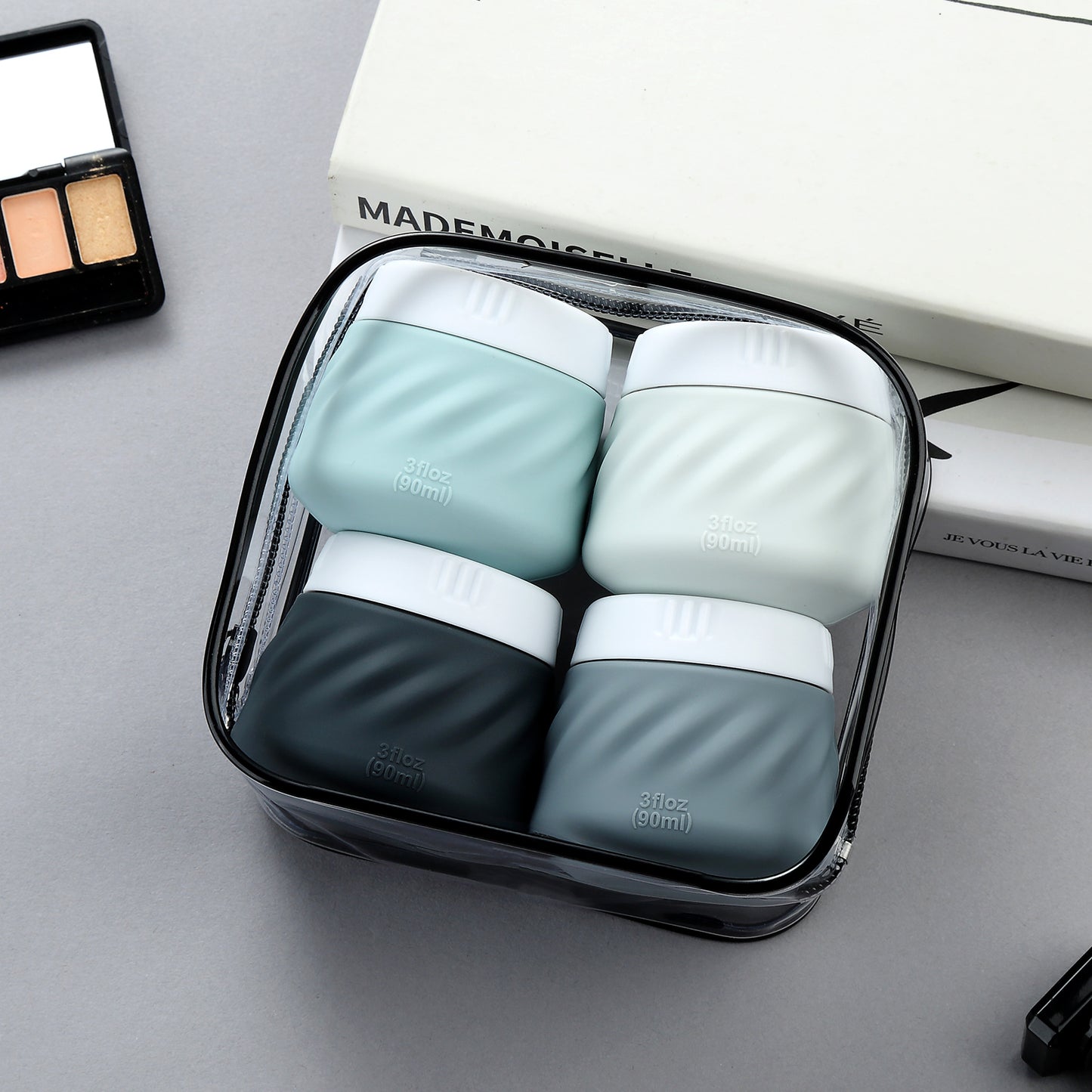 Mrsdry Travel Containers for Toiletries, Silicone Cream Jars TSA Approved Travel Size Containers with Clear Bag, Leak-proof Travel Accessories with Lid for Cosmetic Face Body Hand Cream (4 Pack)