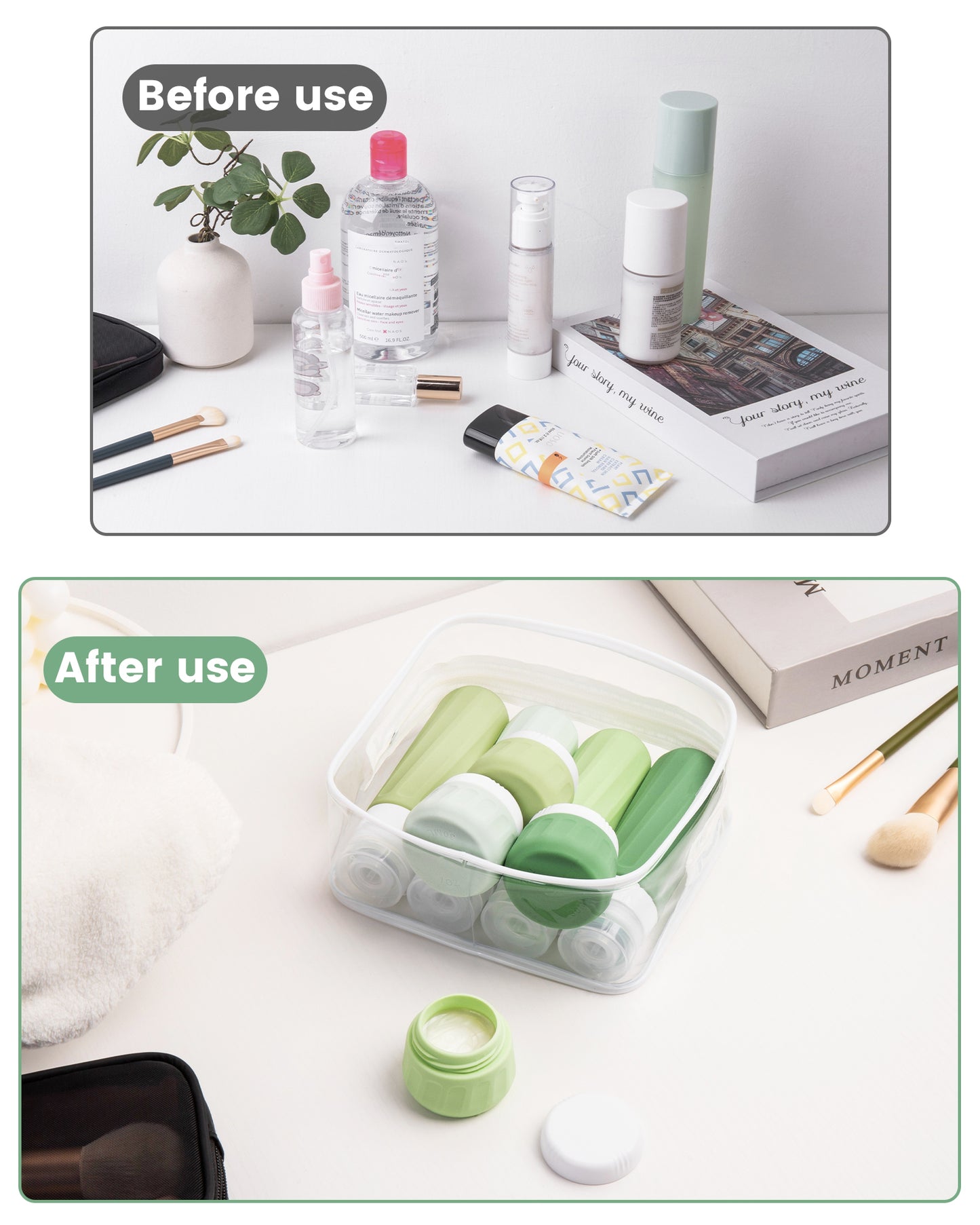 Mrsdry Travel Bottles for Toiletries 8 Pack, Travel Size Toiletries, Tsa Approved Travel Size Containers 3oz, with Travel Essentials Clear Bag, Leak Proof Silicone Squeezable Creams Jars