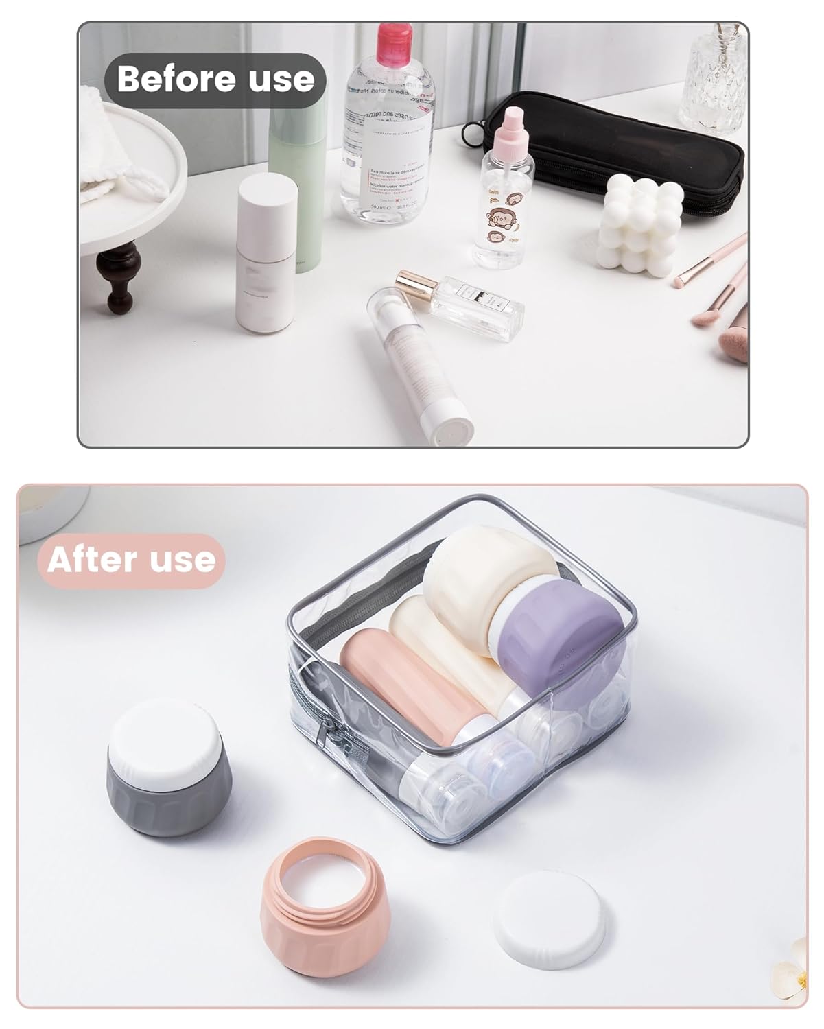 Mrsdry Travel Bottles for Toiletries 8 Pack, Travel Size Toiletries, Tsa Approved Travel Size Containers 3oz, with Travel Essentials Clear Bag, Leak Proof Silicone Squeezable Creams Jars