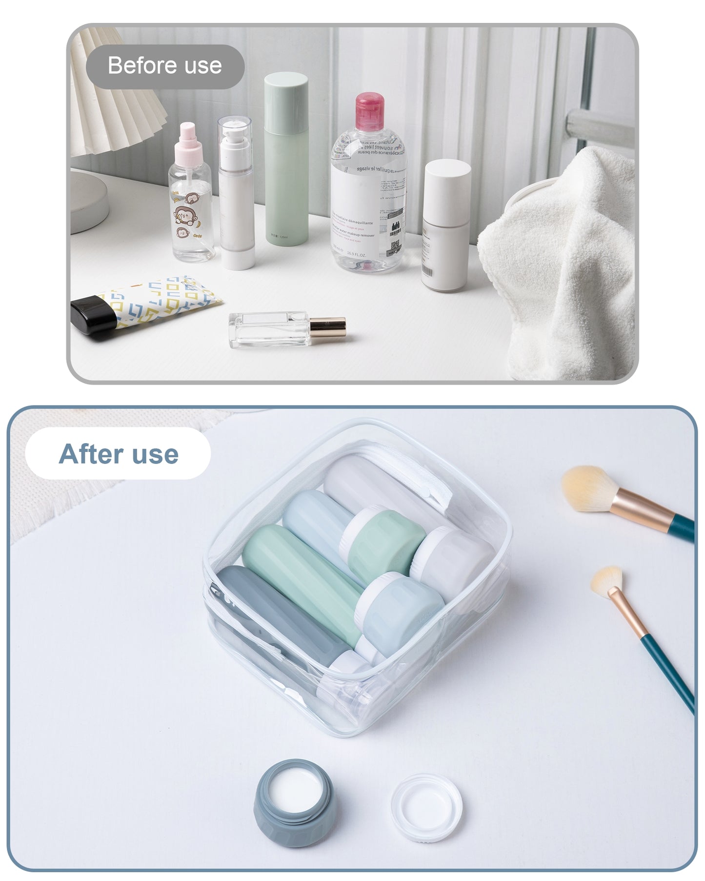 Mrsdry Travel Bottles for Toiletries 8 Pack, Travel Size Toiletries, Tsa Approved Travel Size Containers 3oz, with Travel Essentials Clear Bag, Leak Proof Silicone Squeezable Creams Jars