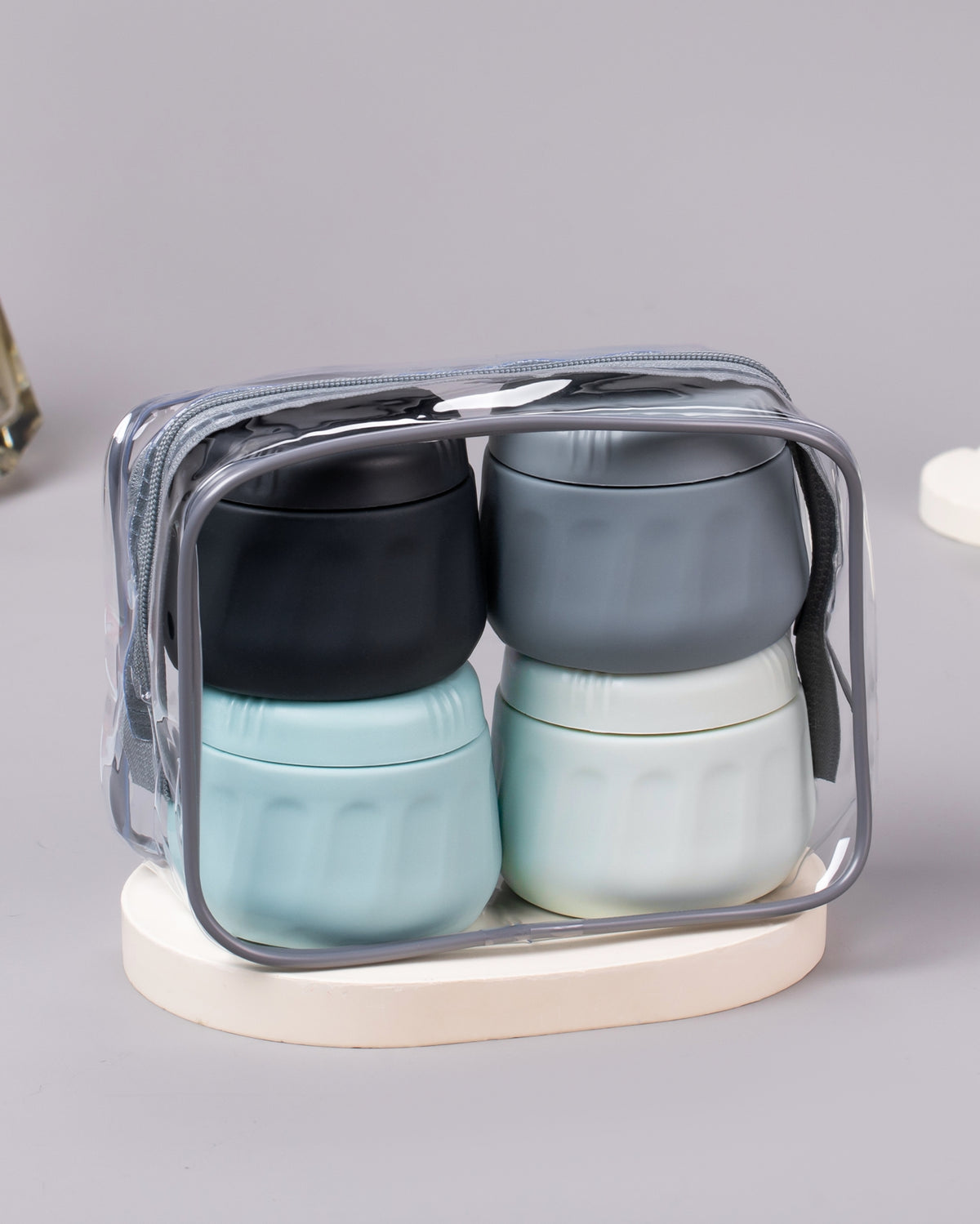 Mrsdry Travel Containers for Toiletries, TSA Approved Travel Size Toiletries 4 Pack, Refillable Containers, with Clear Bag, Leak Proof Silicone Jars, Essentials Creams Jars Carrying Small Items