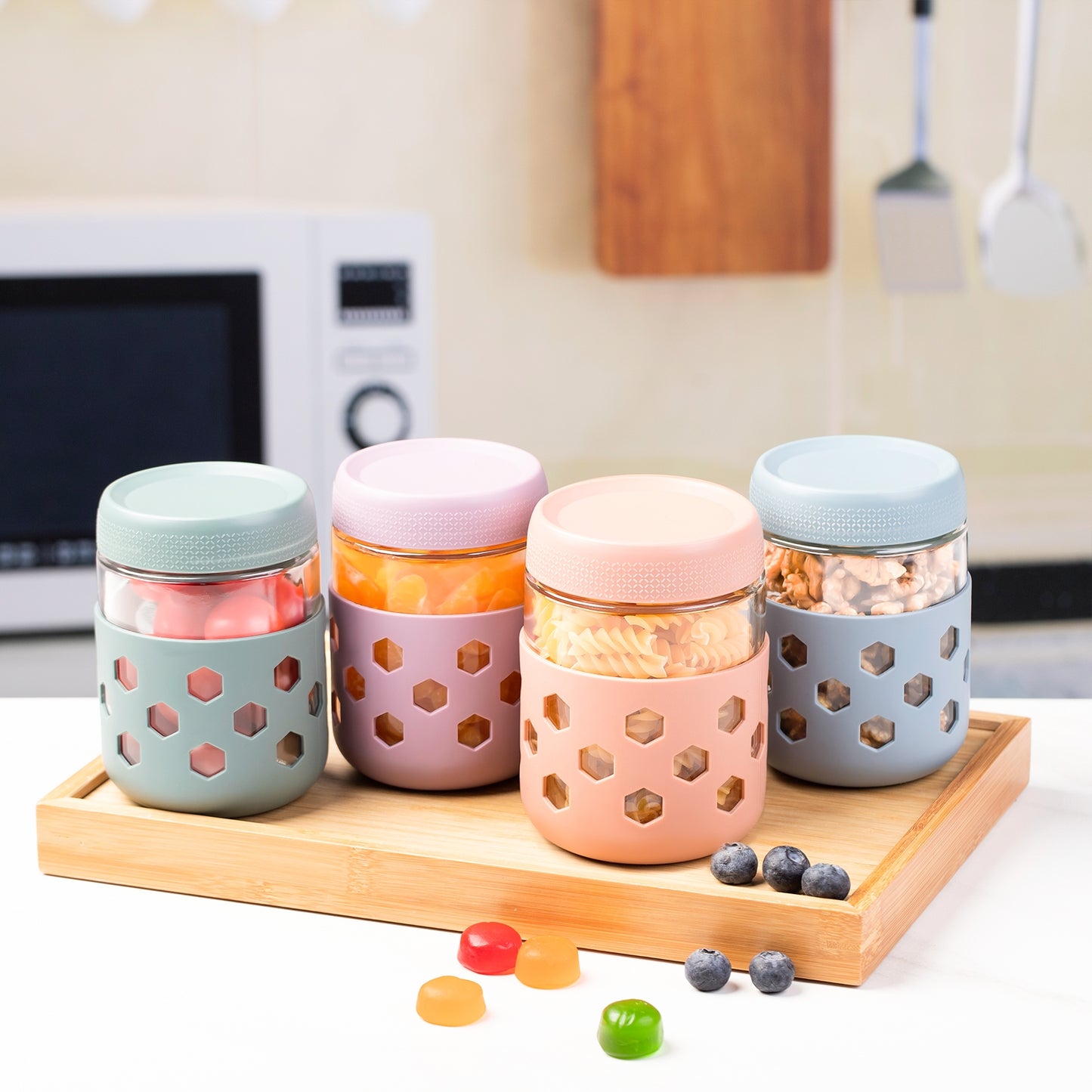 Mrsdry 4-Pack Overnight Oats Containers with Lids and Protective Silicone Sleeve, 16 oz Glass Chia Pudding Jars with Airtight Lid, Mason Salad Meal Prep Jars for Yogurt Oatmeal