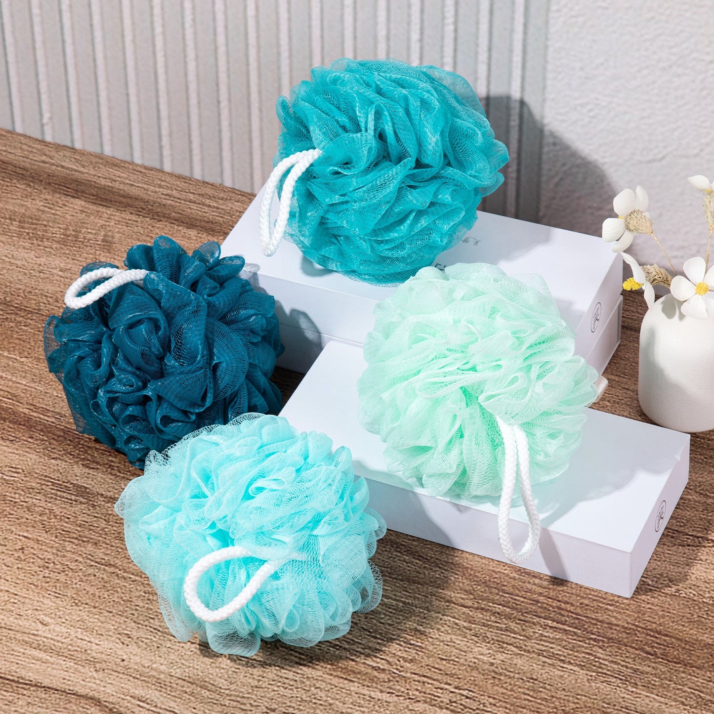 Mrsdry Loofah for Women 75g 4 Pack, Bath Sponge Soft Mesh Shower Puff Loofah Sponge, Exfoliating Body Scrubber, lufas for Women, Shower Accessories (Blue)