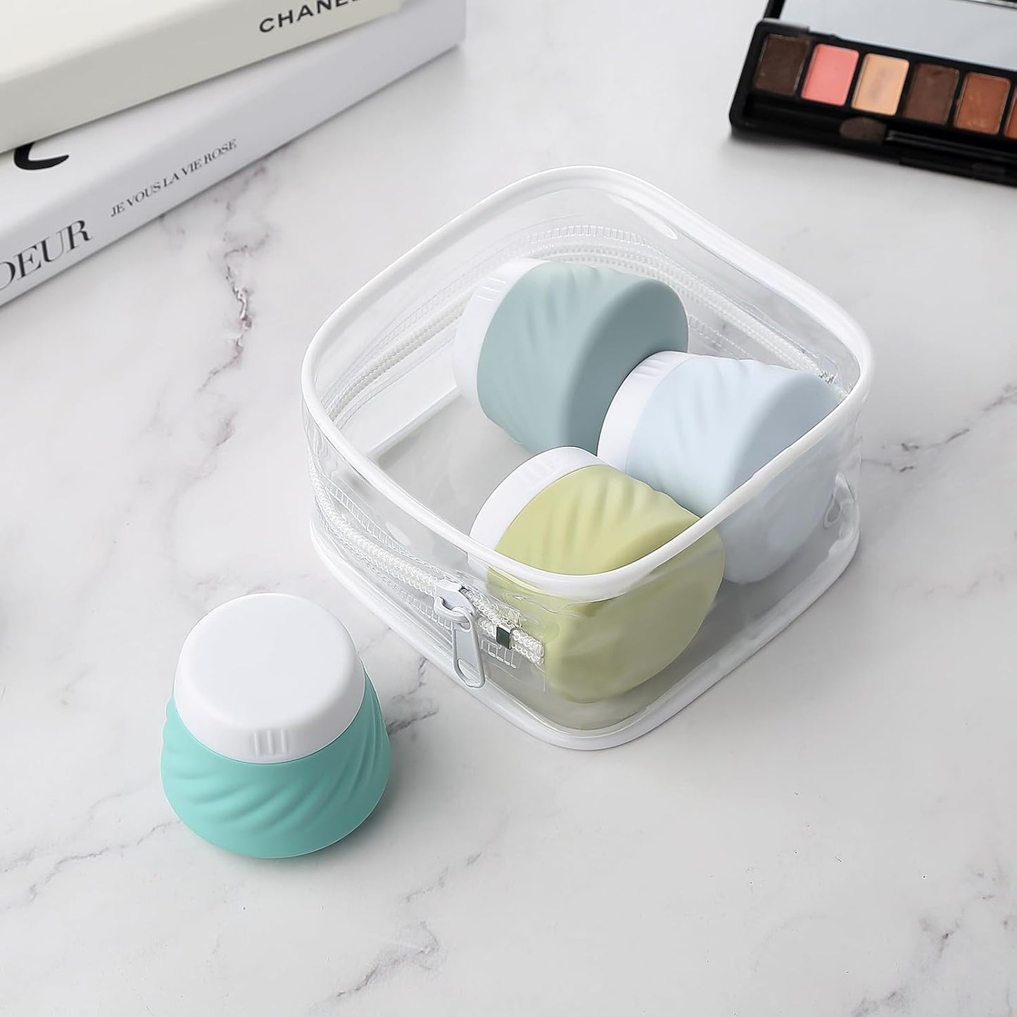 Mrsdry Travel Containers for Toiletries, Silicone Cream Jars TSA Approved Travel Size Containers with Clear Bag, Leak-proof Travel Accessories with Lid for Cosmetic Face Body Hand Cream (4 Pack)