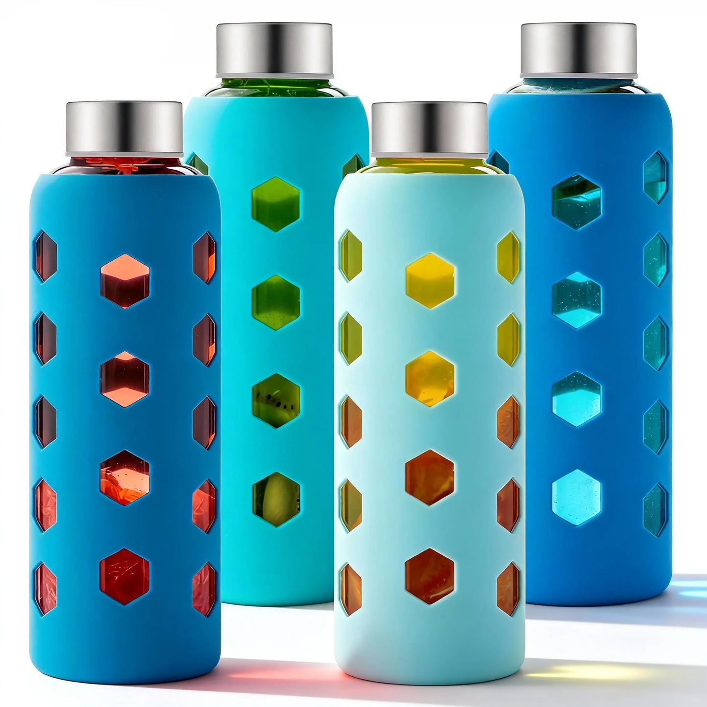 Glass Juice Bottles with Lids and Silicone Sleeves 18 oz, 4-Pack Reusable Clear Glass Water Bottles with Stainless Steel Airtight Cap for Juicing, Refrigerator, BPA Free Leak-Proof Drinking Jar