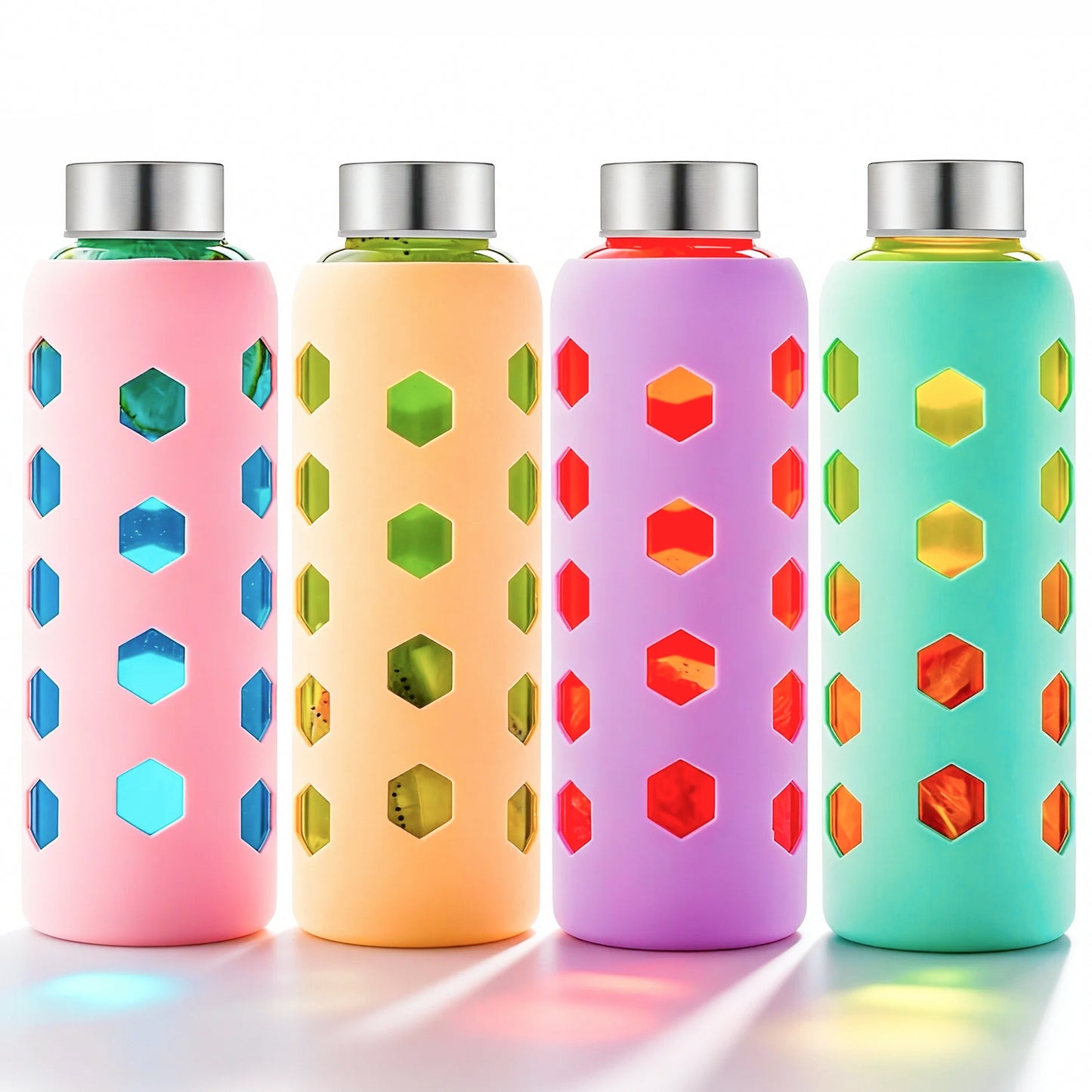 Glass Juice Bottles with Lids and Silicone Sleeves 18 oz, 4-Pack Reusable Clear Glass Water Bottles with Stainless Steel Airtight Cap for Juicing, Refrigerator, BPA Free Leak-Proof Drinking Jar