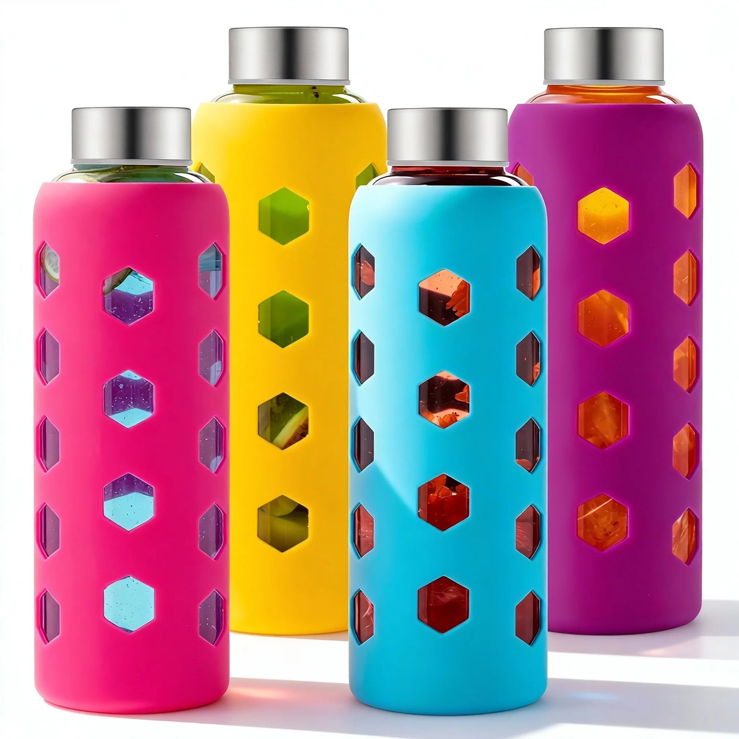 Glass Juice Bottles with Lids and Silicone Sleeves 18 oz, 4-Pack Reusable Clear Glass Water Bottles with Stainless Steel Airtight Cap for Juicing, Refrigerator, BPA Free Leak-Proof Drinking Jar