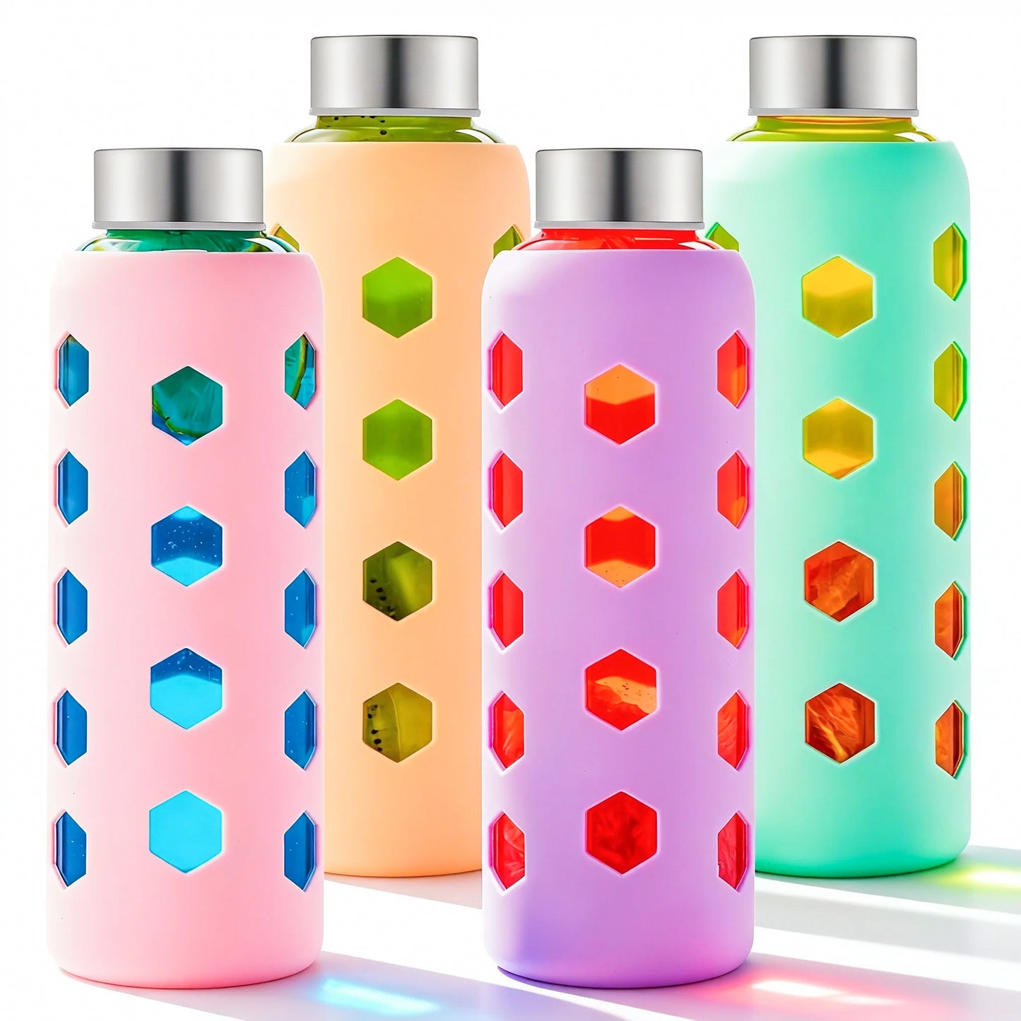 Glass Juice Bottles with Lids and Silicone Sleeves 18 oz, 4-Pack Reusable Clear Glass Water Bottles with Stainless Steel Airtight Cap for Juicing, Refrigerator, BPA Free Leak-Proof Drinking Jar