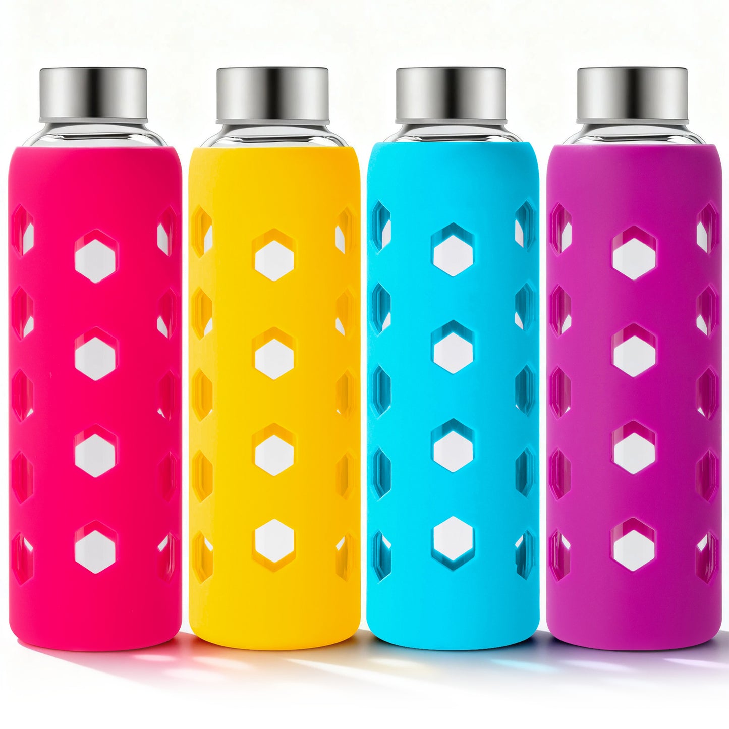 Glass Juice Bottles with Lids and Silicone Sleeves 18 oz, 4-Pack Reusable Clear Glass Water Bottles with Stainless Steel Airtight Cap for Juicing, Refrigerator, BPA Free Leak-Proof Drinking Jar