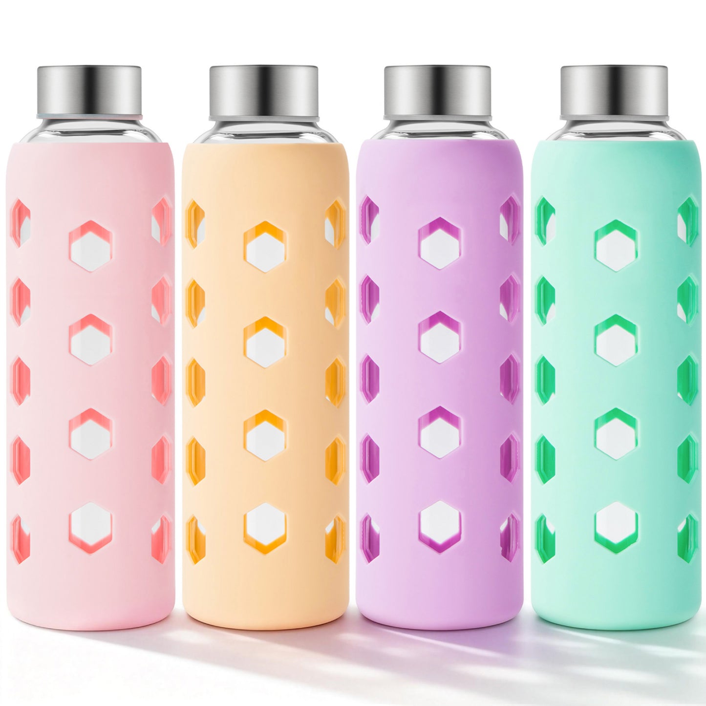 Glass Juice Bottles with Lids and Silicone Sleeves 18 oz, 4-Pack Reusable Clear Glass Water Bottles with Stainless Steel Airtight Cap for Juicing, Refrigerator, BPA Free Leak-Proof Drinking Jar