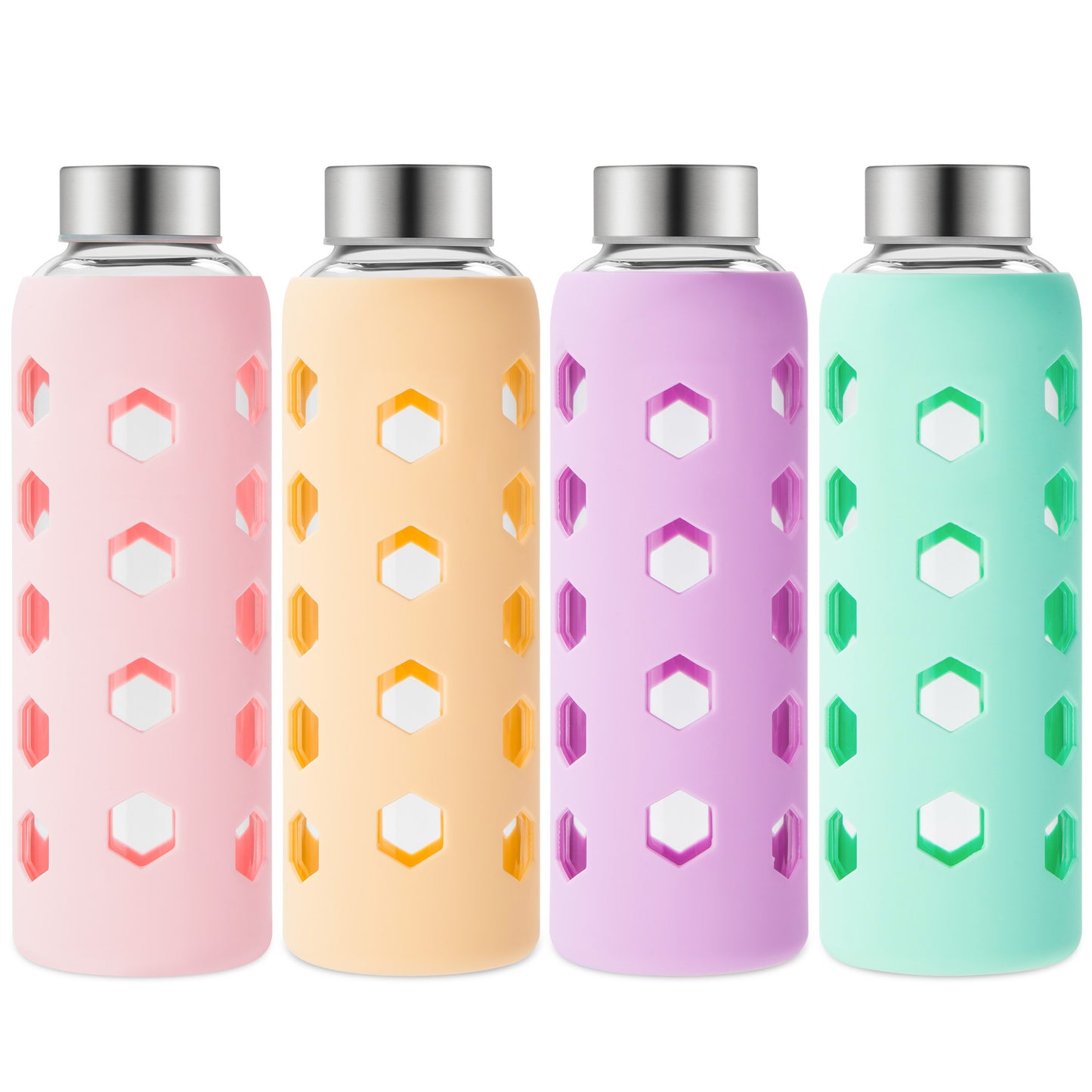 Glass Juice Bottles with Lids and Silicone Sleeves 18 oz, 4-Pack Reusable Clear Glass Water Bottles with Stainless Steel Airtight Cap for Juicing, Refrigerator, BPA Free Leak-Proof Drinking Jar