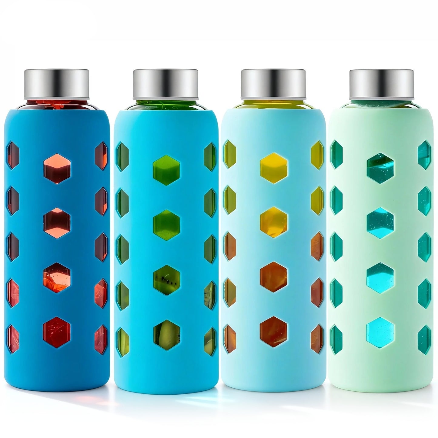 Glass Juice Bottles with Lids and Silicone Sleeves 18 oz, 4-Pack Reusable Clear Glass Water Bottles with Stainless Steel Airtight Cap for Juicing, Refrigerator, BPA Free Leak-Proof Drinking Jar
