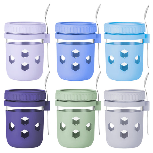 Mrsdry 6-Pack Overnight Oats Containers with Silicone Sleeves and Spoons, BPA-Free 16 oz Glass Mason Jars with Airtight Lids, Dishwasher Safe Overnight Oats Jars for Chia Pudding, Yogurt Meal