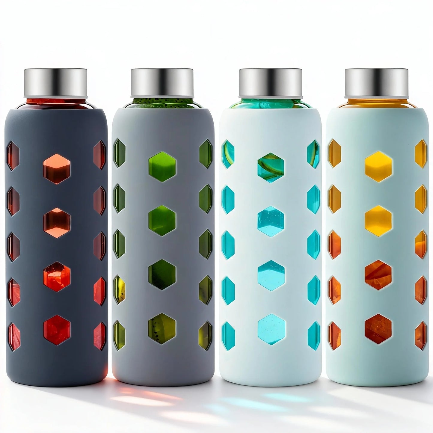 Glass Juice Bottles with Lids and Silicone Sleeves 18 oz, 4-Pack Reusable Clear Glass Water Bottles with Stainless Steel Airtight Cap for Juicing, Refrigerator, BPA Free Leak-Proof Drinking Jar
