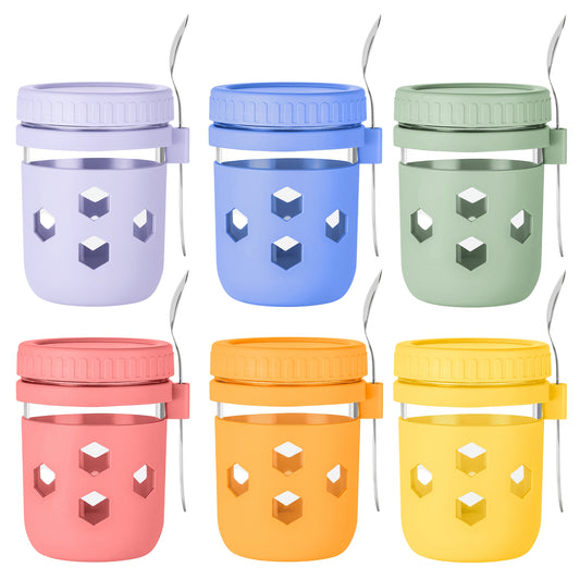 Mrsdry 6-Pack Overnight Oats Containers with Silicone Sleeves and Spoons, BPA-Free 16 oz Glass Mason Jars with Airtight Lids, Dishwasher Safe Overnight Oats Jars for Chia Pudding, Yogurt Meal