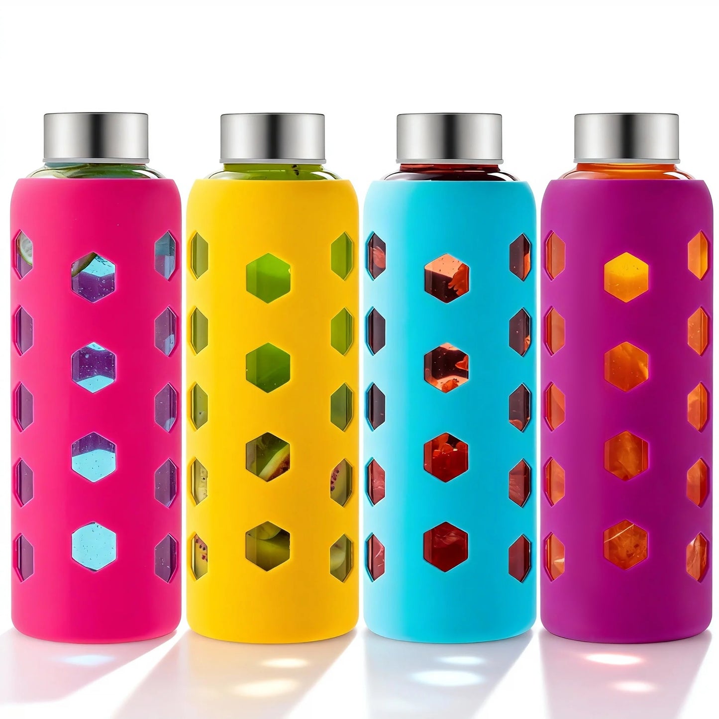 Glass Juice Bottles with Lids and Silicone Sleeves 18 oz, 4-Pack Reusable Clear Glass Water Bottles with Stainless Steel Airtight Cap for Juicing, Refrigerator, BPA Free Leak-Proof Drinking Jar