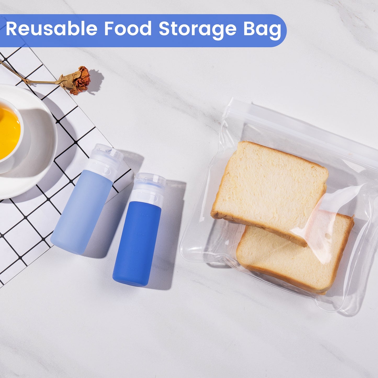 Mrsdry Condiment Squeeze Bottles for Sauces, 3-oz Mini Silicone Salad Dressing Container to Go with Snack Storage Bag, Leakproof Sauce Bottles for Lunch Box, 4 Pack, Blue