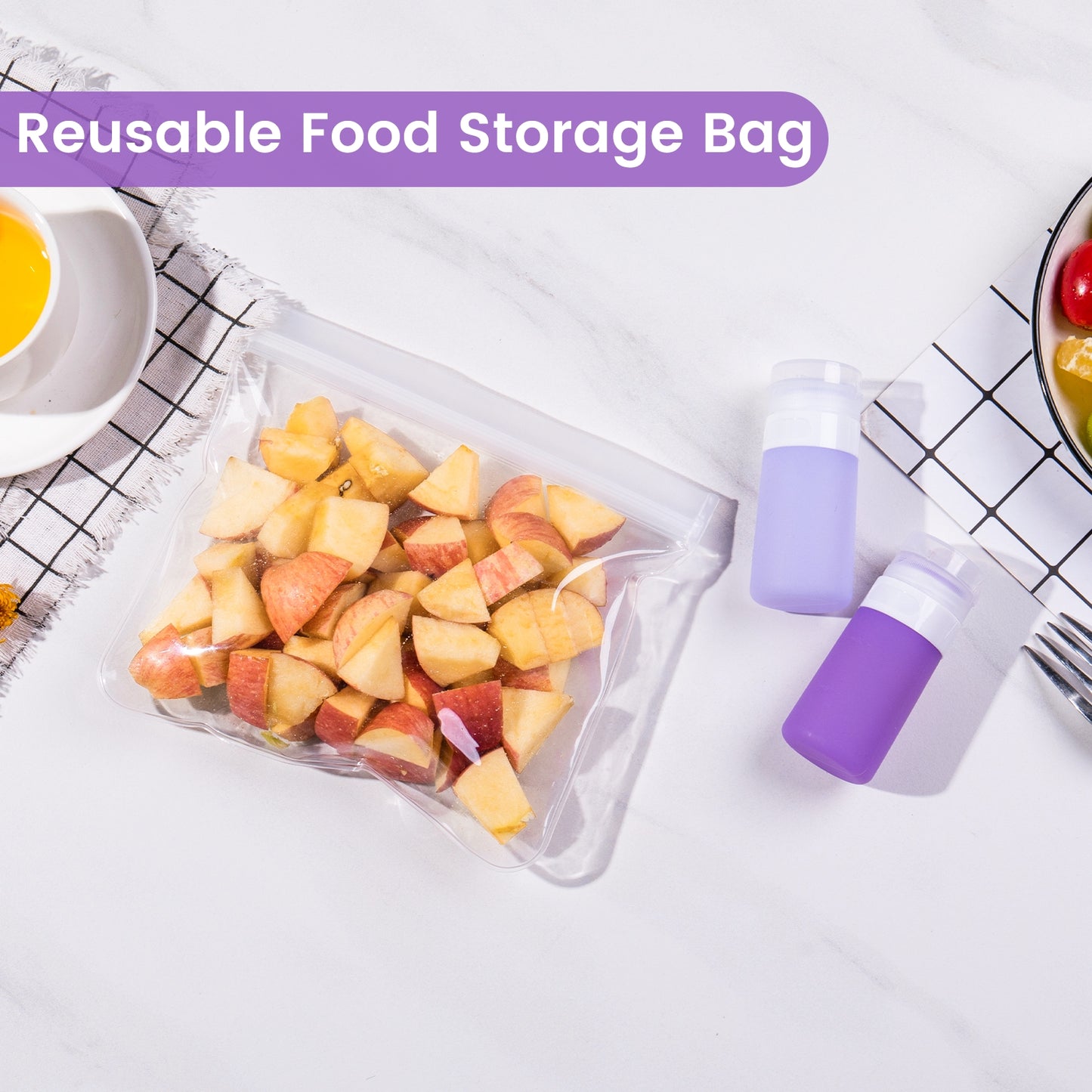 Mrsdry Condiment Squeeze Bottles for Sauces, 2-oz Mini Silicone Salad Dressing Container to Go with Snack Storage Bag, Leakproof Sauce Bottles for Lunch Box, 4 Pack, Purple