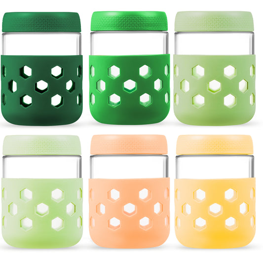 Mrsdry 6-Pack 16 oz Glass Mason Jars with Silicone Sleeves, Airtight BPA-Free Overnight Oats Containers with Lids, Dishwasher Safe Leak-Proof Meal Prep Jars for Chia Pudding, Yogurt, Snacks