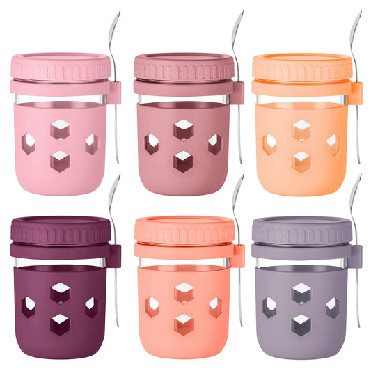 Mrsdry 6-Pack Overnight Oats Containers with Silicone Sleeves and Spoons, BPA-Free 16 oz Glass Mason Jars with Airtight Lids, Dishwasher Safe Overnight Oats Jars for Chia Pudding, Yogurt Meal