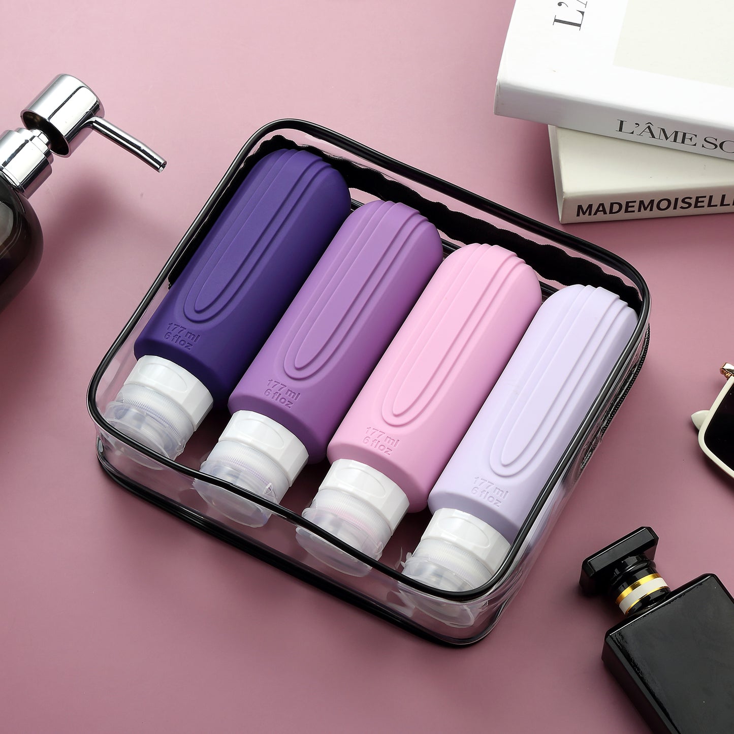 Mrsdry Travel Bottles for Toiletries, Large 6oz Oversize Containers, BPA Free Leak Proof Tubs Refillable Liquid Travel Accessories with Toiletry Bag for Cometic Shampoo and Lotion Soap (4 Pack)