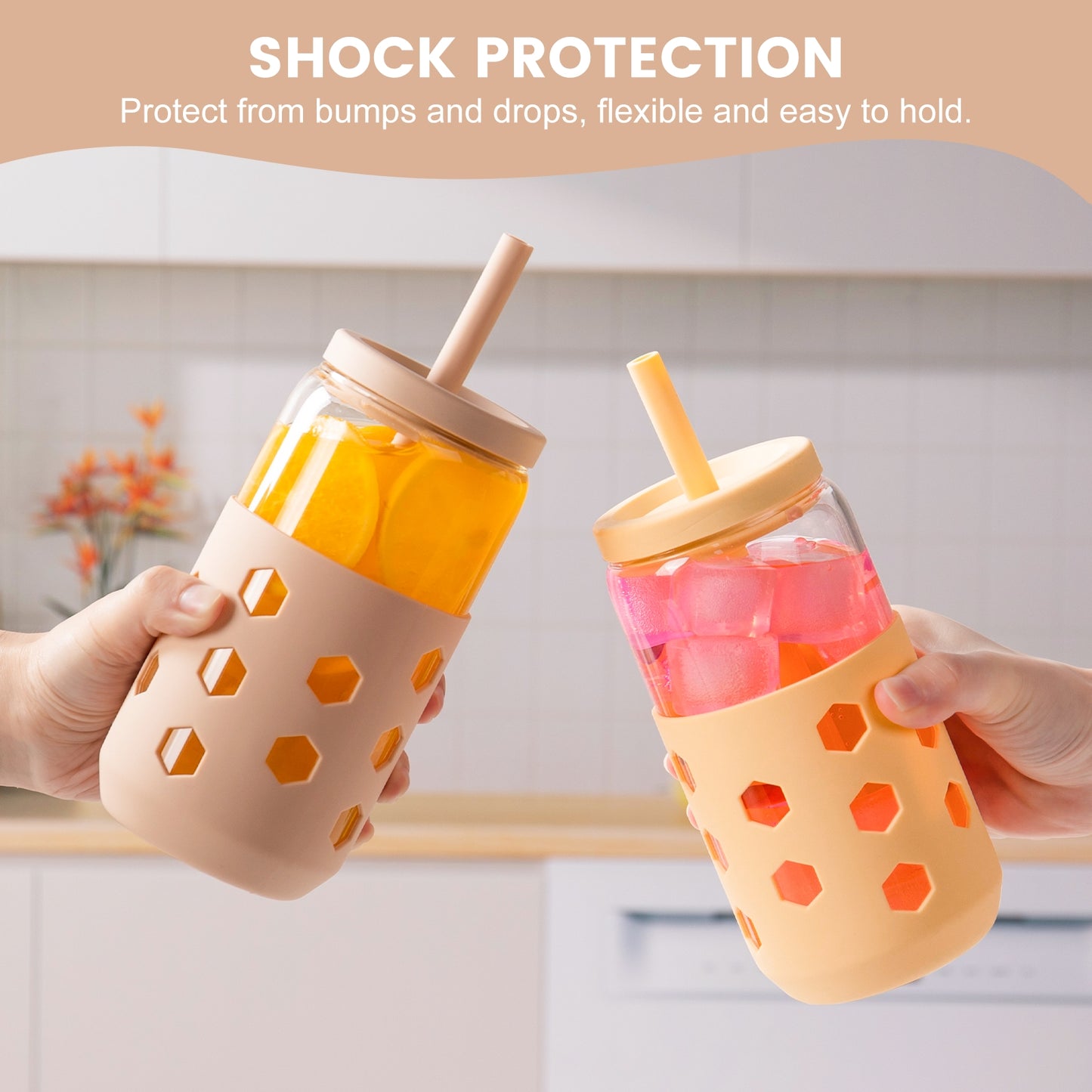 Mrsdry Glass Cups with Silicone Lids and Straws (4 Pcs), 16oz Drinking Glasses Set with Silicone Sleeves for Coffee Bar Accessories Iced Coffee Cups with Lids, Glass Tumbler Reusable for Gifts