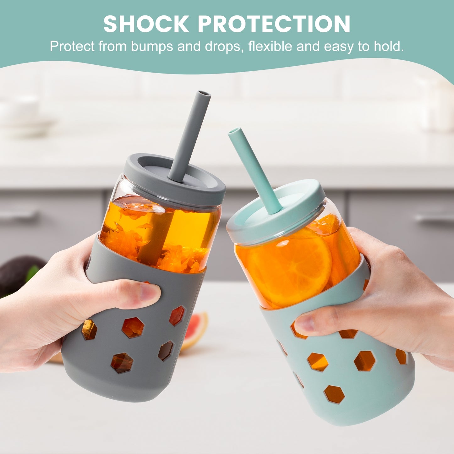 Mrsdry Glass Cups with Silicone Lids and Straws (4 Pcs), 16oz Drinking Glasses Set with Silicone Sleeves for Coffee Bar Accessories Iced Coffee Cups with Lids, Glass Tumbler Reusable for Gifts