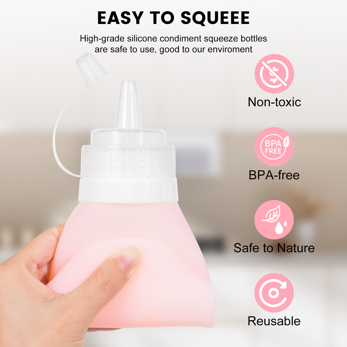 Mrsdry Condiment Squeeze Bottles, 16 oz Silicone Squeeze Bottles For Sauces, Leak Proof Condiment Containers with Extra Interchangeable lid, Easy Squeeze for Oil, Honey & Dressings, BPA FREE (4 Pack)
