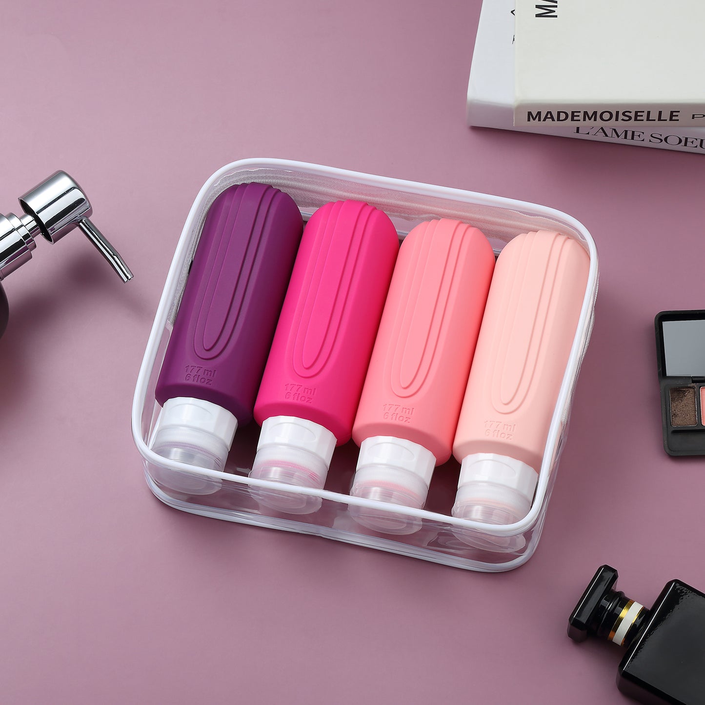 Mrsdry Travel Bottles for Toiletries, Large 6oz Oversize Containers, BPA Free Leak Proof Tubs Refillable Liquid Travel Accessories with Toiletry Bag for Cometic Shampoo and Lotion Soap (4 Pack)