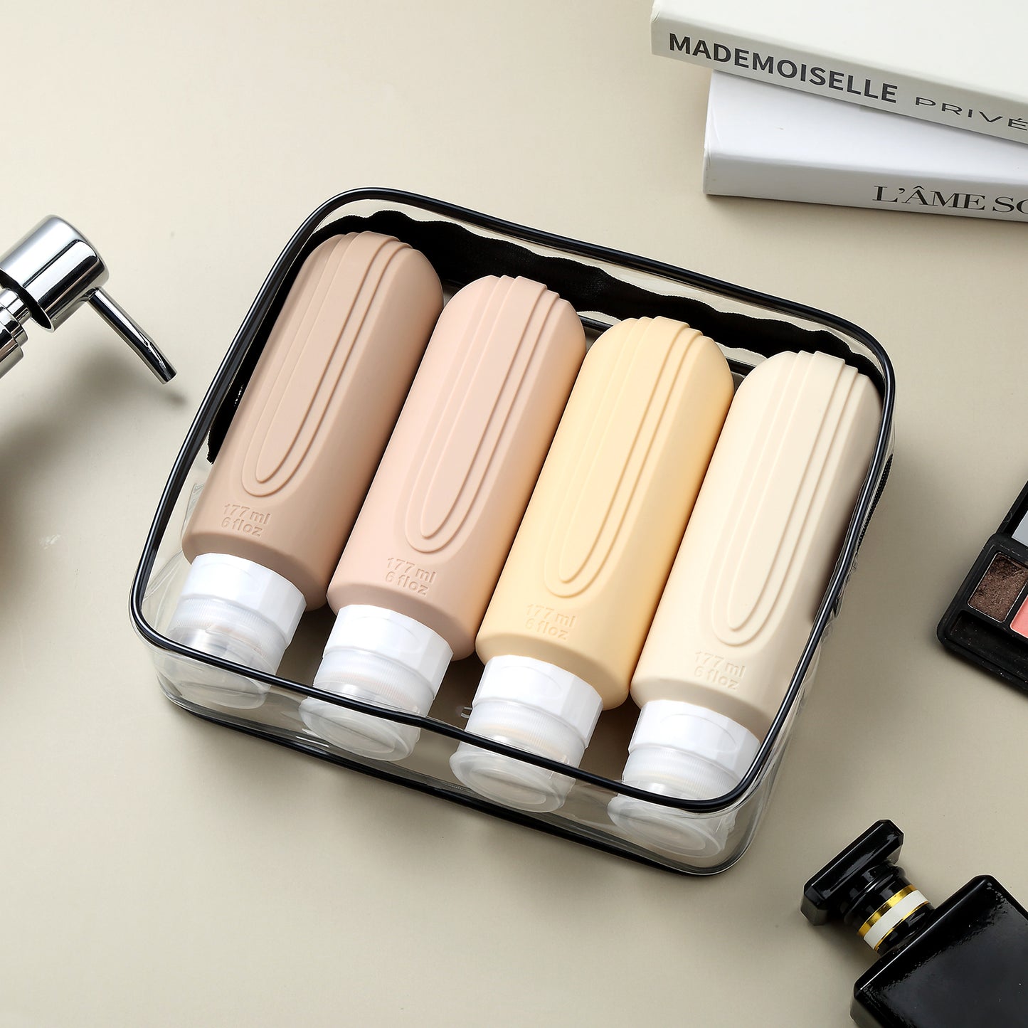 Mrsdry Travel Bottles for Toiletries, Large 6oz Oversize Containers, BPA Free Leak Proof Tubs Refillable Liquid Travel Accessories with Toiletry Bag for Cometic Shampoo and Lotion Soap (4 Pack)