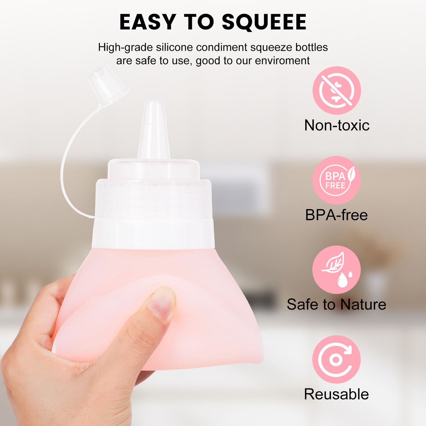 Mrsdry Condiment Squeeze Bottles, 12 oz Silicone Squeeze Bottles For Sauces, Leak Proof Condiment Container with Extra Interchangeable lid, Easy Squeeze for Oil, Honey & Dressings, BPA FREE (4 Pack)