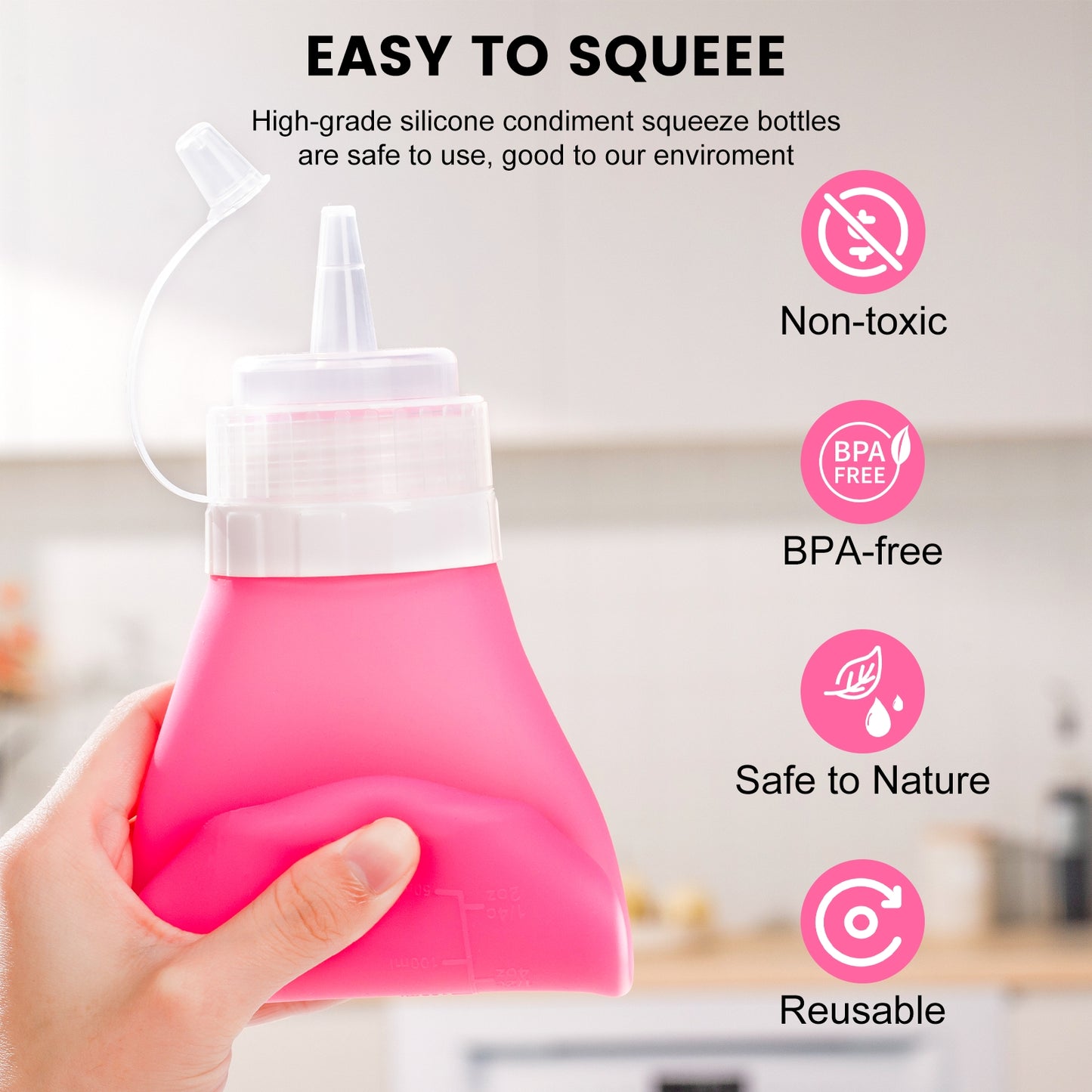 Mrsdry Condiment Squeeze Bottles, 16 oz Silicone Squeeze Bottles For Sauces, Leak Proof Condiment Containers with Extra Interchangeable lid, Easy Squeeze for Oil, Honey & Dressings, BPA FREE (4 Pack)