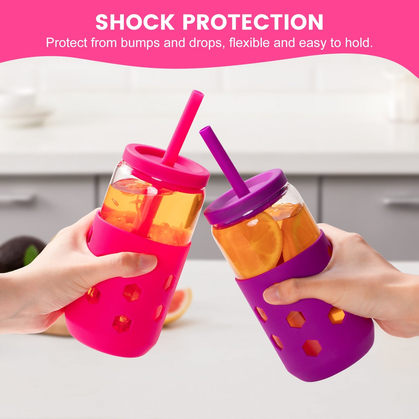 Mrsdry Glass Cups with Silicone Lids and Straws (4 Pcs), 16oz Drinking Glasses Set with Silicone Sleeves for Coffee Bar Accessories Iced Coffee Cups with Lids, Glass Tumbler Reusable for Gifts