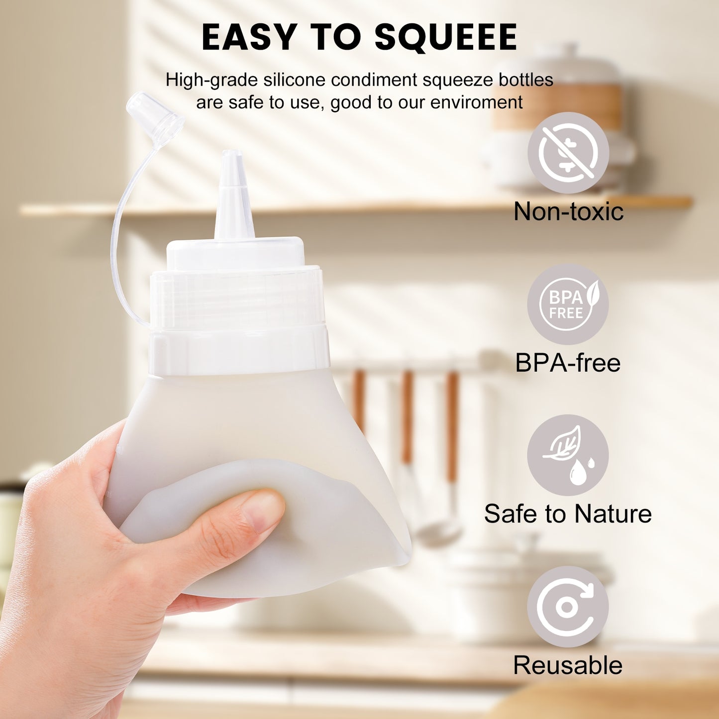 Mrsdry Condiment Squeeze Bottles, 12 oz Silicone Squeeze Bottles For Sauces, Leak Proof Condiment Container with Extra Interchangeable lid, Easy Squeeze for Oil, Honey & Dressings, BPA FREE (4 Pack)