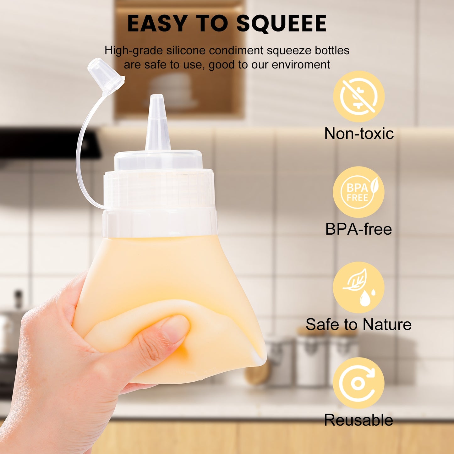 Mrsdry Condiment Squeeze Bottles, 12 oz Silicone Squeeze Bottles For Sauces, Leak Proof Condiment Container with Extra Interchangeable lid, Easy Squeeze for Oil, Honey & Dressings, BPA FREE (4 Pack)