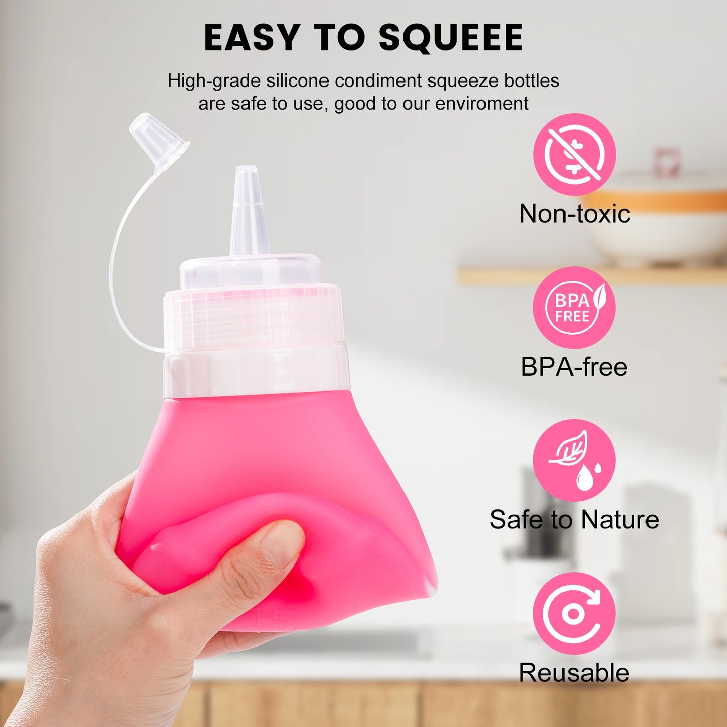 Mrsdry Condiment Squeeze Bottles, 12 oz Silicone Squeeze Bottles For Sauces, Leak Proof Condiment Container with Extra Interchangeable lid, Easy Squeeze for Oil, Honey & Dressings, BPA FREE (4 Pack)