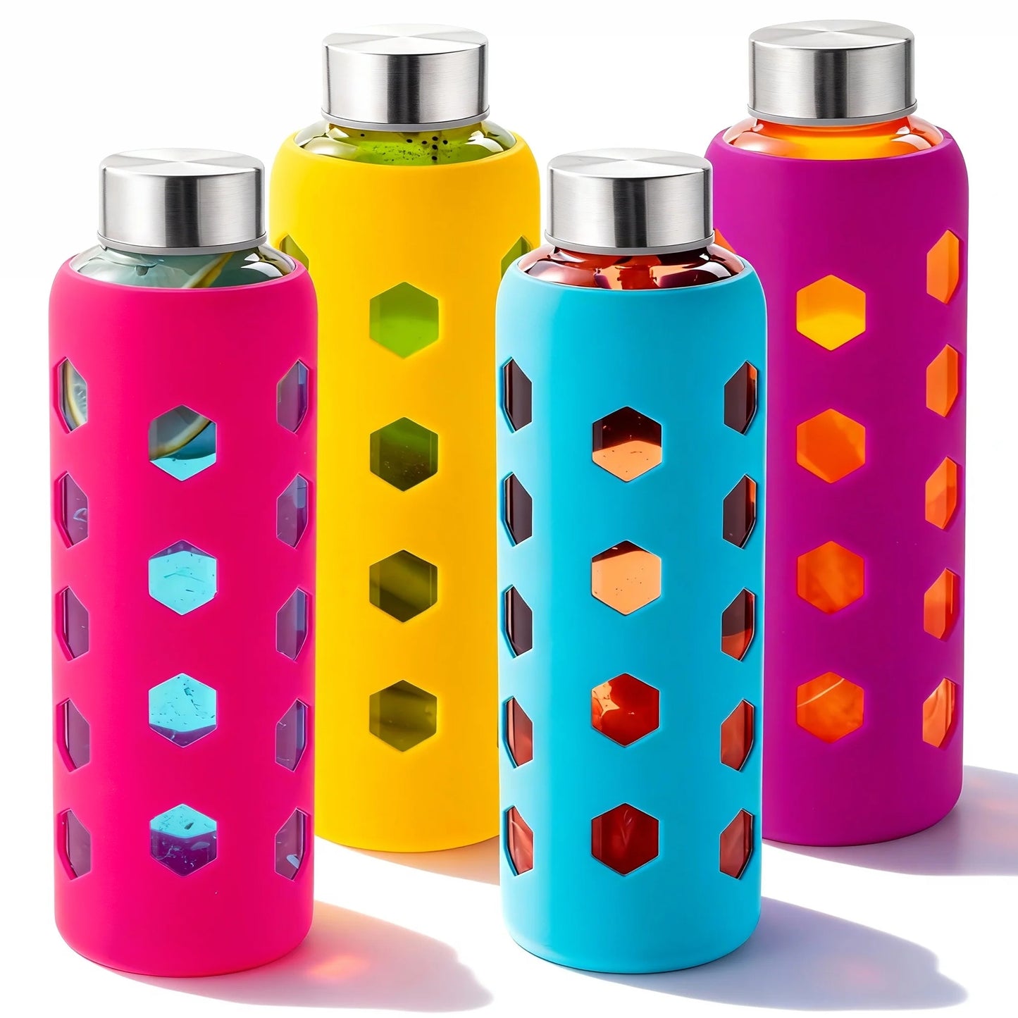 Glass Juice Bottles with Lids and Silicone Sleeves 18 oz, 4-Pack Reusable Clear Glass Water Bottles with Stainless Steel Airtight Cap for Juicing, Refrigerator, BPA Free Leak-Proof Drinking Jar