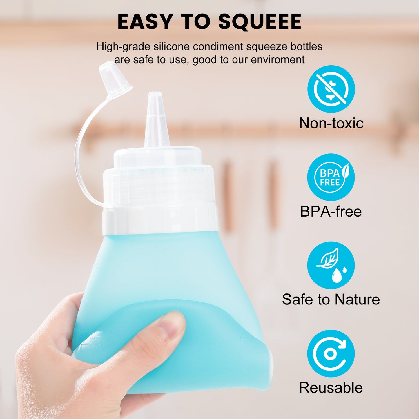 Mrsdry Condiment Squeeze Bottles, 16 oz Silicone Squeeze Bottles For Sauces, Leak Proof Condiment Containers with Extra Interchangeable lid, Easy Squeeze for Oil, Honey & Dressings, BPA FREE (4 Pack)