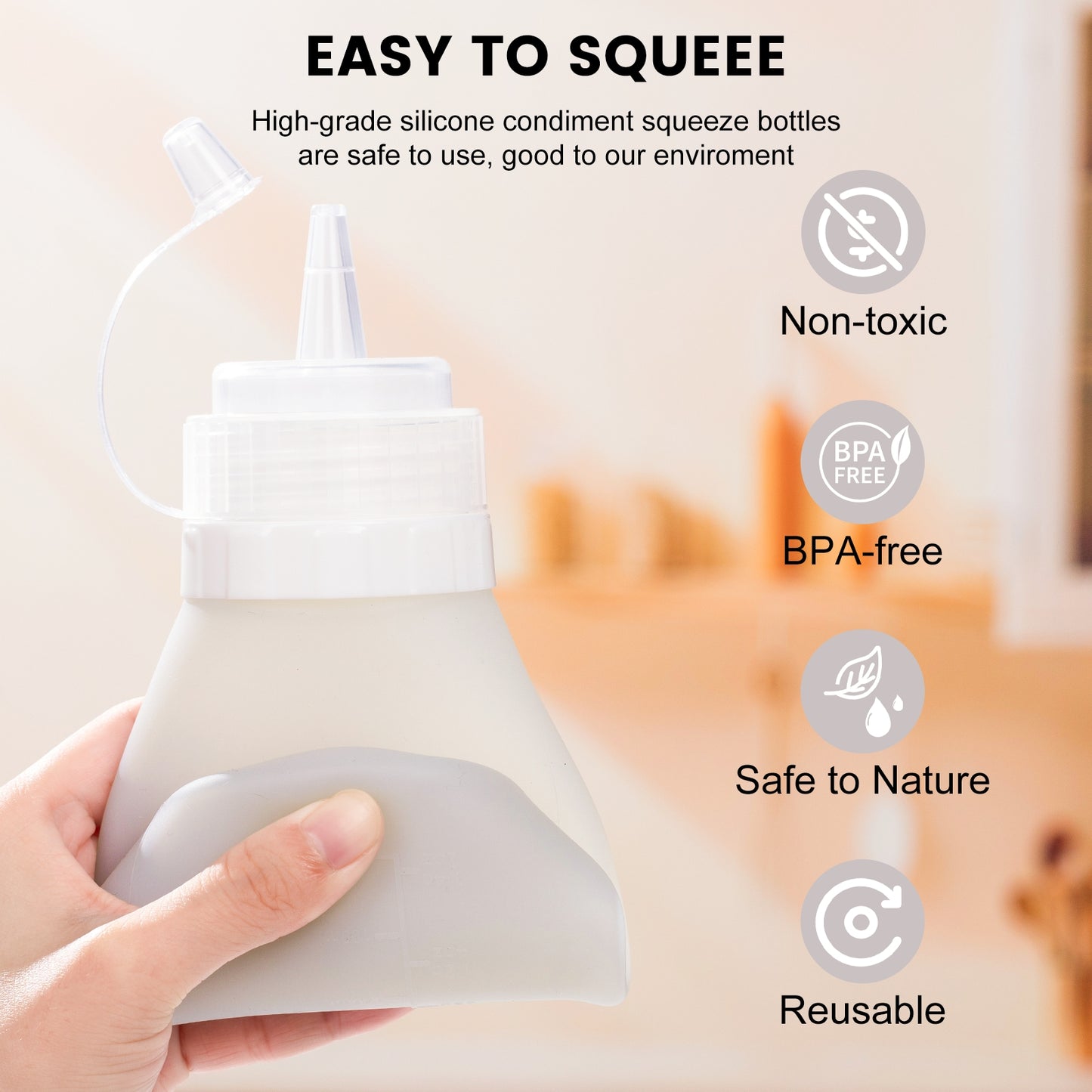 Mrsdry Condiment Squeeze Bottles, 16 oz Silicone Squeeze Bottles For Sauces, Leak Proof Condiment Containers with Extra Interchangeable lid, Easy Squeeze for Oil, Honey & Dressings, BPA FREE (4 Pack)