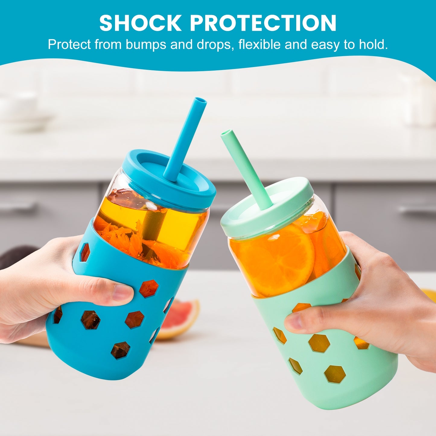 Mrsdry Glass Cups with Silicone Lids and Straws (4 Pcs), 16oz Drinking Glasses Set with Silicone Sleeves for Coffee Bar Accessories Iced Coffee Cups with Lids, Glass Tumbler Reusable for Gifts