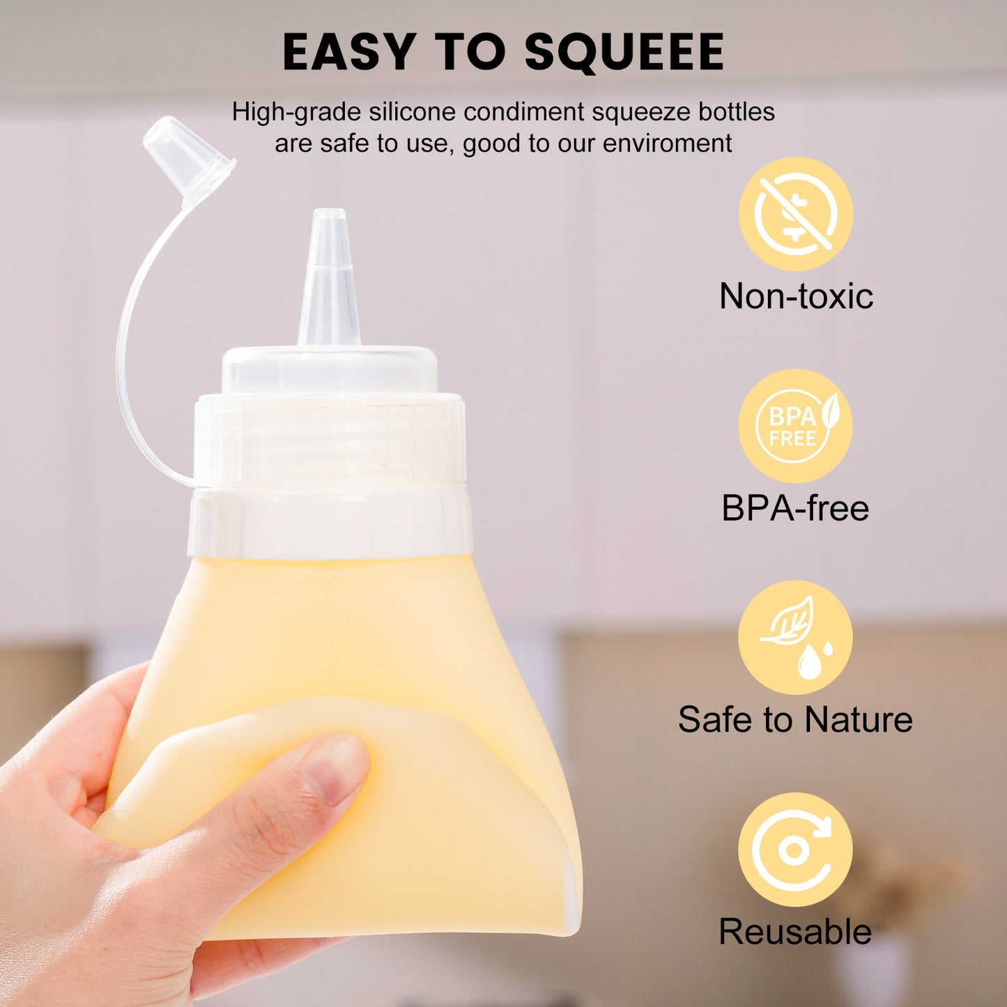 Mrsdry Condiment Squeeze Bottles, 16 oz Silicone Squeeze Bottles For Sauces, Leak Proof Condiment Containers with Extra Interchangeable lid, Easy Squeeze for Oil, Honey & Dressings, BPA FREE (4 Pack)