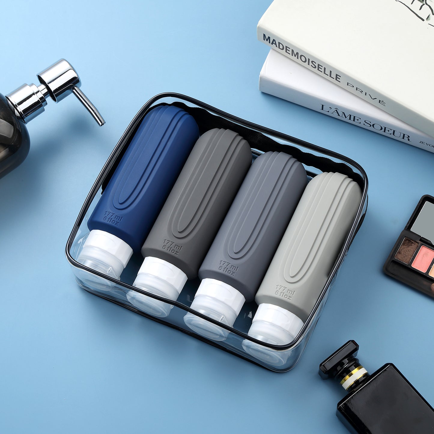 Mrsdry Travel Bottles for Toiletries, Large 6oz Oversize Containers, BPA Free Leak Proof Tubs Refillable Liquid Travel Accessories with Toiletry Bag for Cometic Shampoo and Lotion Soap (4 Pack)